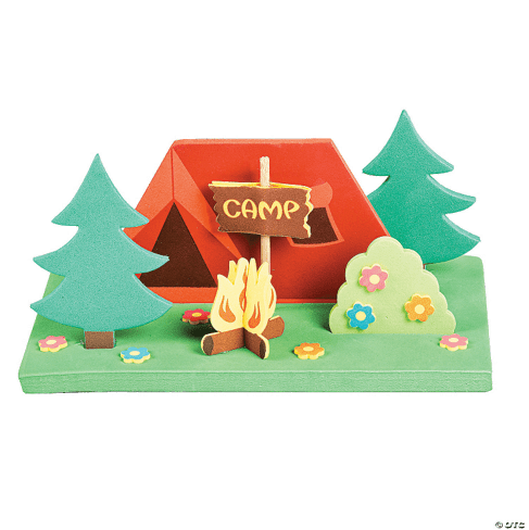 3D craft of a camping scene with a tent, campfire, and trees on a green background.