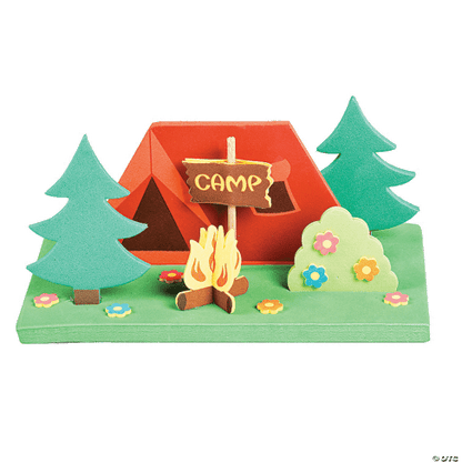 3D craft of a camping scene with a tent, campfire, and trees on a green background.
