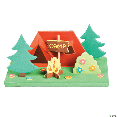 3D craft of a camping scene with a tent, campfire, and trees on a green background.