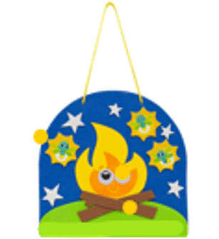 Decorative wall hanging craft with a  fire design on a blue background with stars.