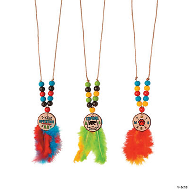 Three colorful necklaces with bead and feather designs on a white background