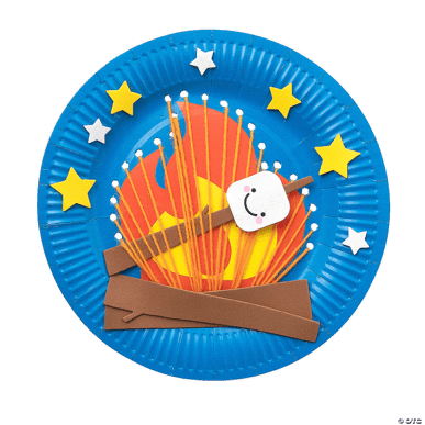 Paper plate with a campfire design featuring a marshmallow on a stick, surrounded by stars on a blue background.