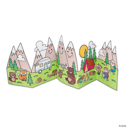 Colorful camp scene with mountain range, tent, campers on a white background.