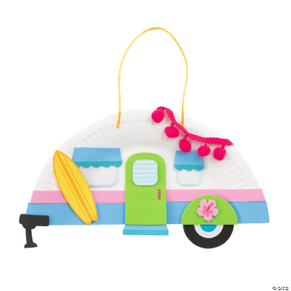 Colorful camper-shaped craft with a surfboard on a transparent background