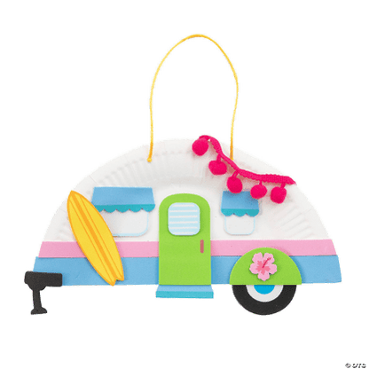 Colorful camper-shaped craft with a surfboard on a transparent background