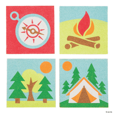 Four colorful illustrations of camping-themed icons on a white background.