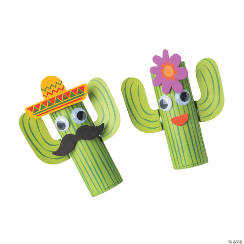 Two cacti craft rolls with a sombrero and flower on a transparent background