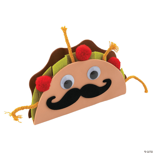 Taco craft with a face, mustache, and pom-pom hair on a transparent background