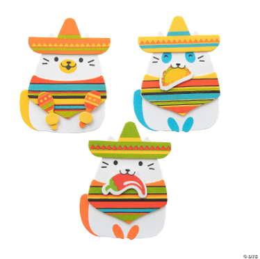 Three colorful cat-shaped crafts wearing sombreros and striped shirts on a white background