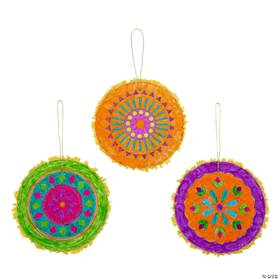 Three colorful crafts with mandala patterns on a white background