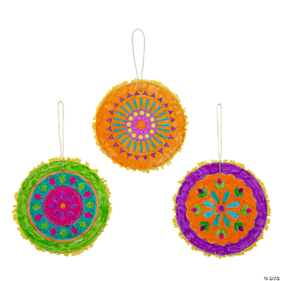 Three colorful crafts with mandala patterns on a white background