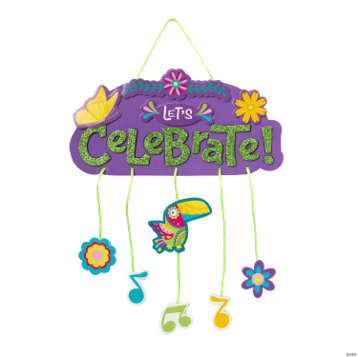 Decorative sign with 'Let's Celebrate!' text and colorful decorations on a white background
