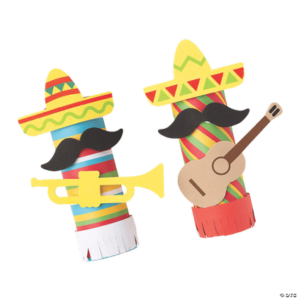 Two colorful figurines wearing sombreros, playing instruments on a transparent background