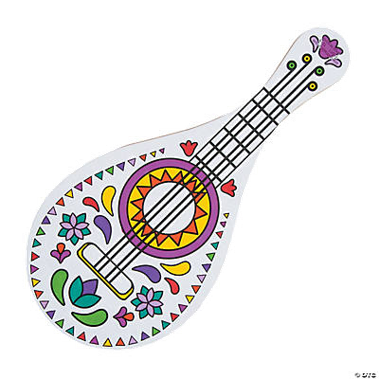 Colorful mandolin-shaped craft with decorative patterns on a white background