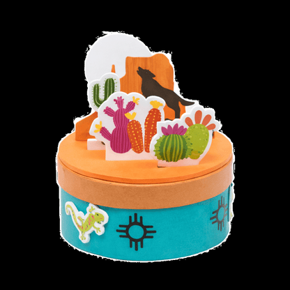 Decorative box with desert-themed on a white background