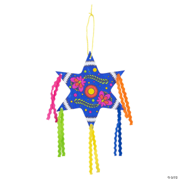 Colorful star-shaped piñata with tassels on a white background