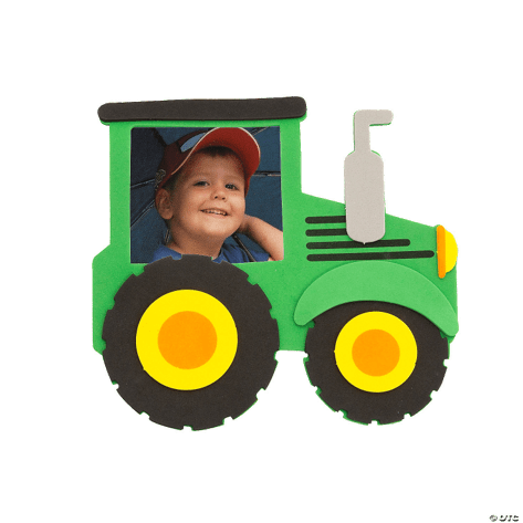 Green tractor picture frame with a child inside on a transparent background