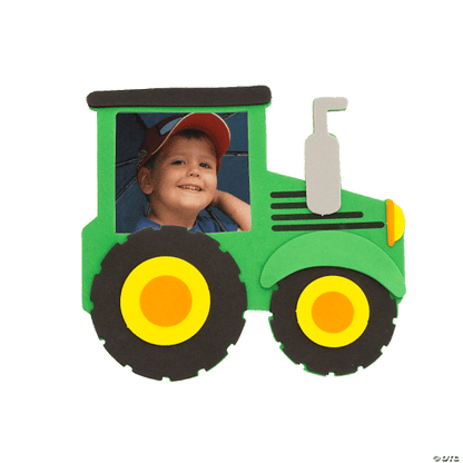 Green tractor picture frame with a child inside on a transparent background