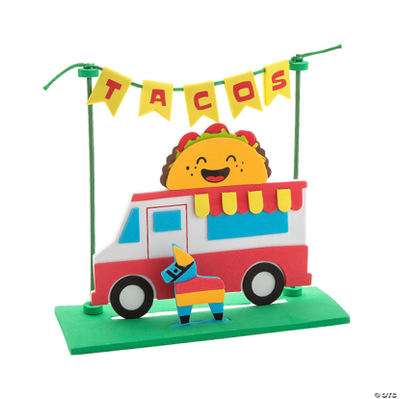 Colorful taco truck craft with a smiling taco character on a white background