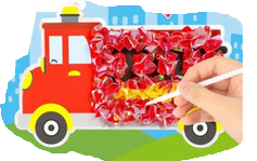 Red truck with a hand holding a yellow tool on a blue background