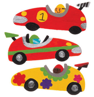 Three colorful race cars with cartoon drivers on a transparent background