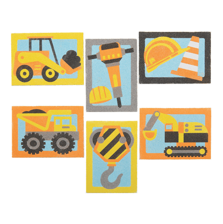Set of six colorful illustrations of construction-themed sand art on a green background