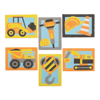 Set of six colorful illustrations of construction-themed sand art on a green background