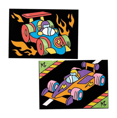 Two colorful race car illustrations on black backgrounds with a visible brand logo.