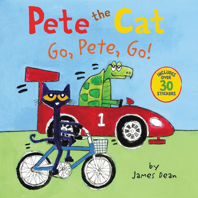 Book cover of 'Pete the Cat: Go, Pete, Go!' with a cat and turtle on a red car.