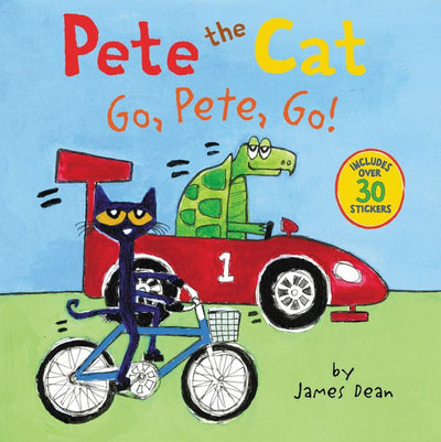 Book cover of 'Pete the Cat: Go, Pete, Go!' with a cat and turtle on a red car.