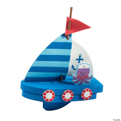 Colorful sailboat craft with a striped sail and cartoon octopus on a transparent background