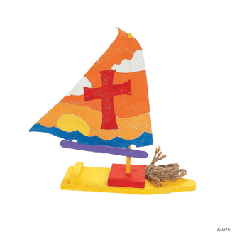 Colorful sailboat with a cross on an orange sail against a white background