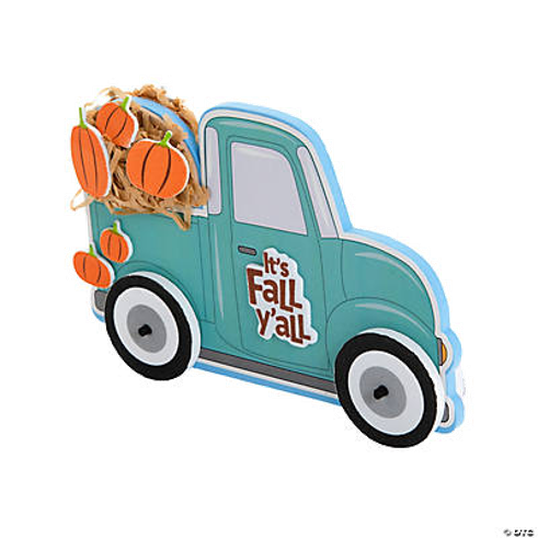 Teal truck with pumpkins and 'It's Fall Y'all' text on a white background