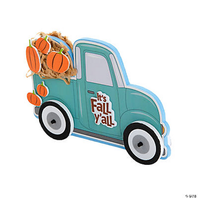 Teal truck with pumpkins and 'It's Fall Y'all' text on a white background