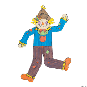 Colorful scarecrow puppet puzzle craft on a white background