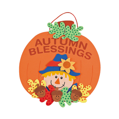 Decorative pumpkin craft with 'Autumn Blessings' text and a scarecrow on a transparent background