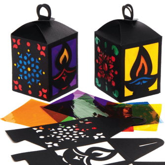 Colorful paper lanterns with cut-out designs on a transparent background