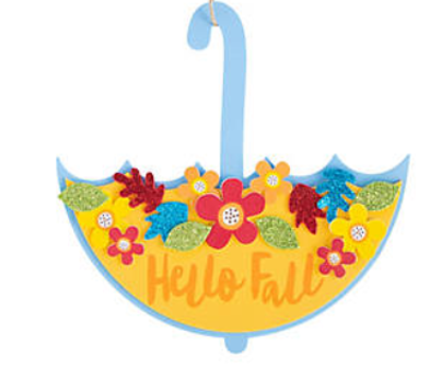 Decorative umbrella craft with flowers and 'Hello Fall' text on a white background
