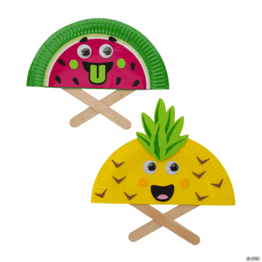 Watermelon and pineapple paper plate fans on a white background