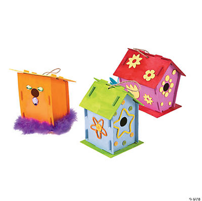 Colorful wooden bird houses on a white background