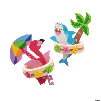Blue shark and pink flamingo in inner tubes on a white background