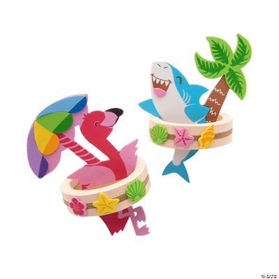 Blue shark and pink flamingo in inner tubes on a white background