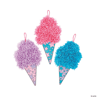Three confetti ice cream cones  in pink, purple, and blue on a white background.