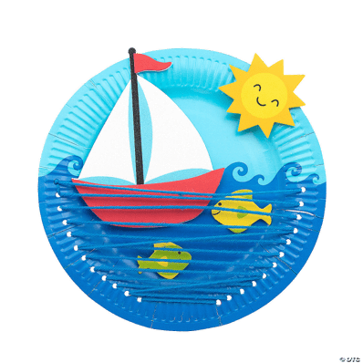 Red & white Sailboat on a blue paper plate with yellow fish and a brilliant sun on a white background