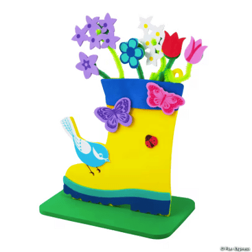 Yellow rain boot with colorful flowers sprouting out the top and butterflies, a ladybug, and a bird perched on the boot.