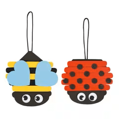 Colorful Bee and Ladybug made from craft sticks on a white background
