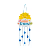Decorative hanging craft with a smiling sun and "Happy Spring" design on a white background