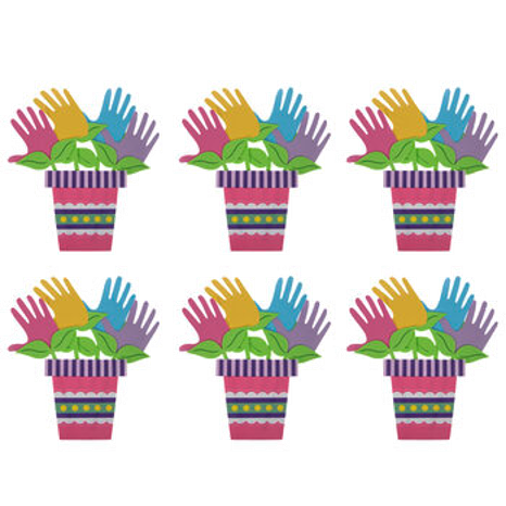 Paper flower pot with colorful flowers made from hand prints on a white background