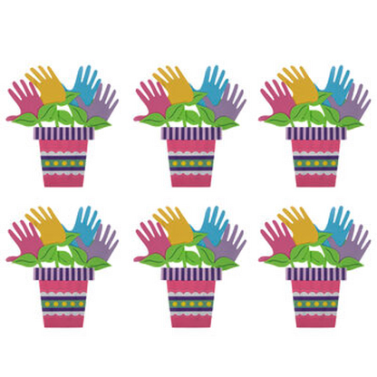 Paper flower pot with colorful flowers made from hand prints on a white background