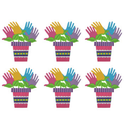 Paper flower pot with colorful flowers made from hand prints on a white background